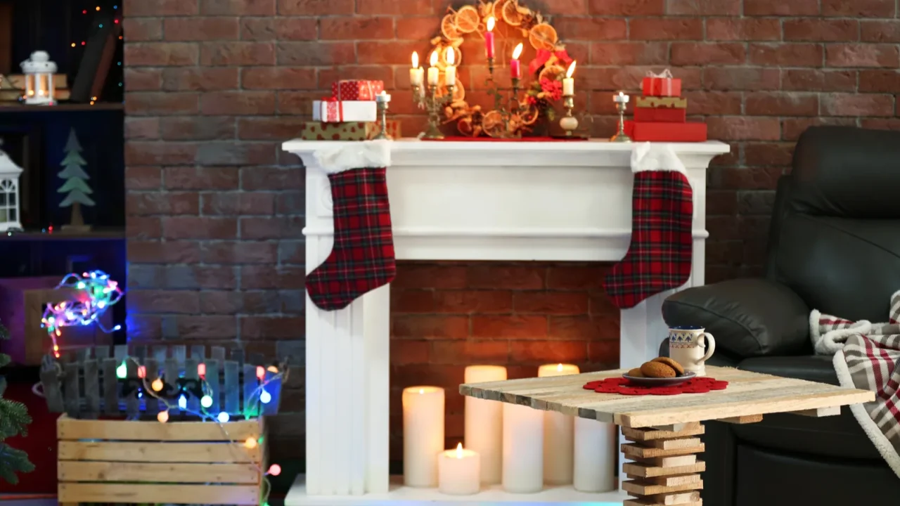 fireplace with beautiful christmas decorations in comfortable living room