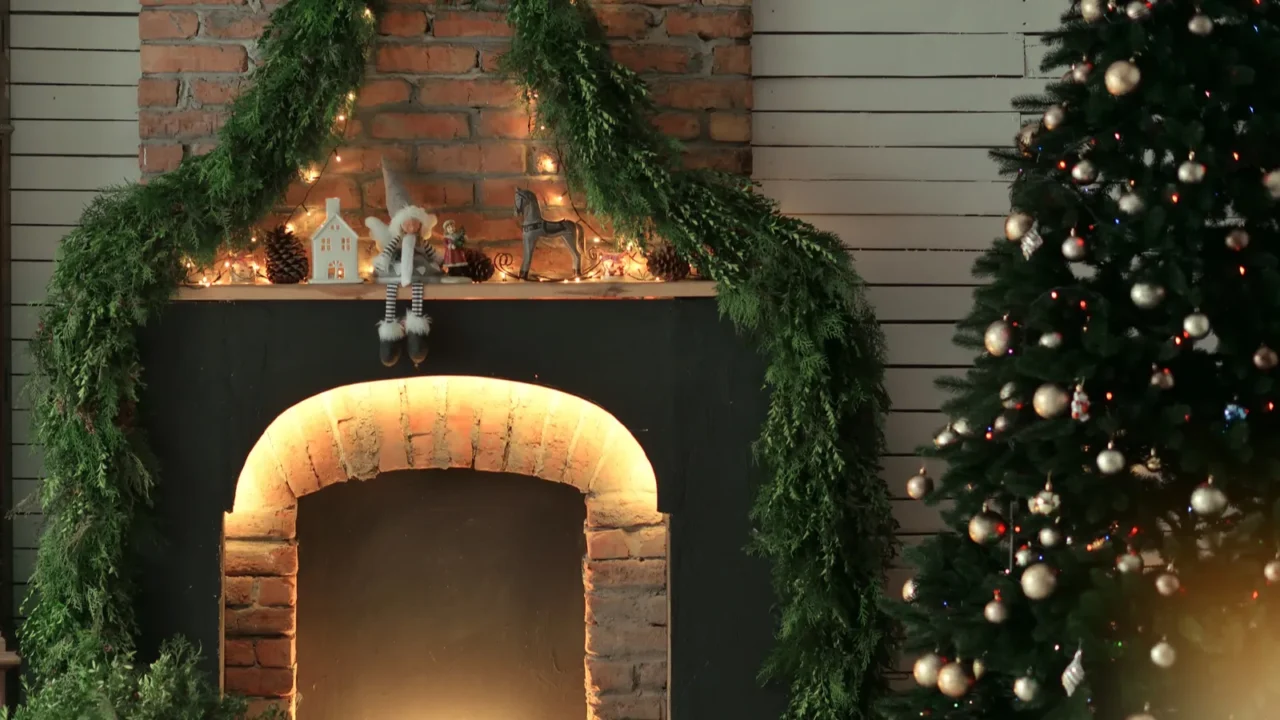 fireplace with candles and pine needles