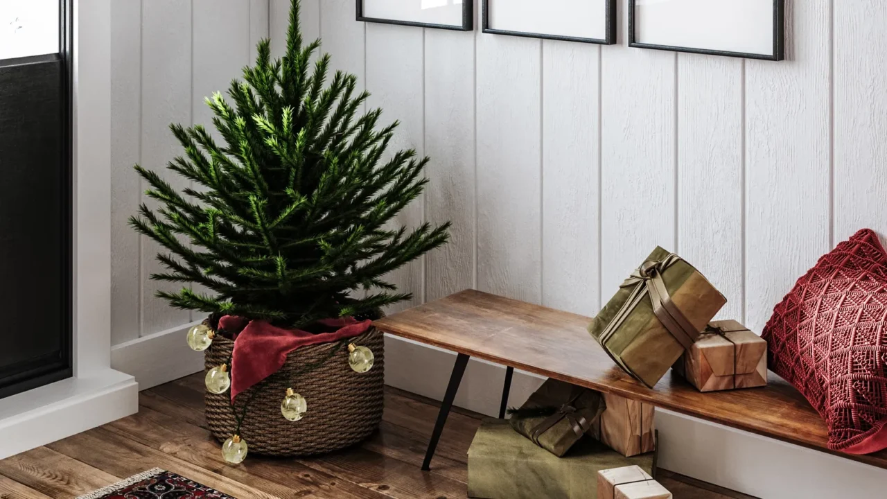 frame mockup at home farmhouse hallway interior decorated for christmas