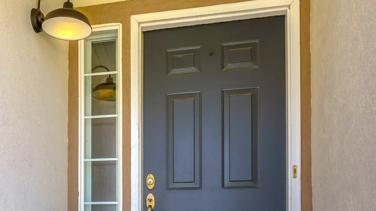 front door of a house with lamp flower and doormat