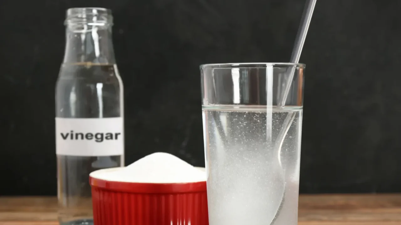 glass with water and baking soda on wooden table