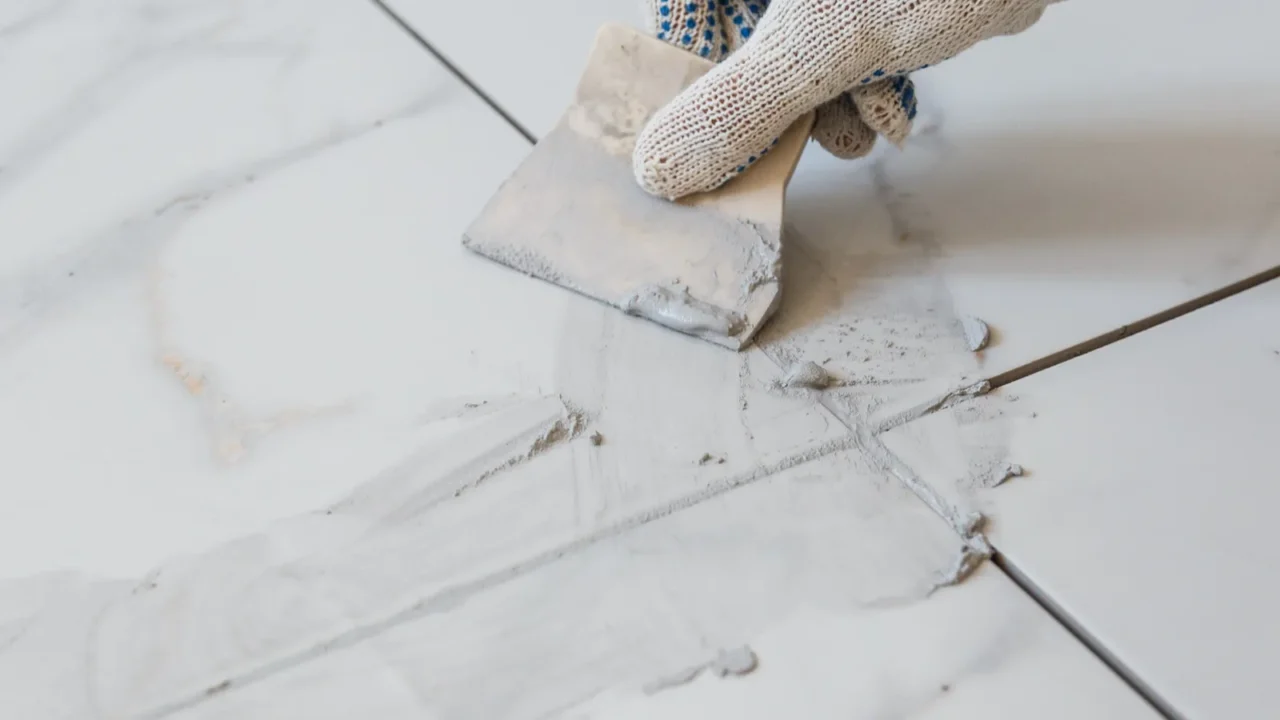 grouting tiles seams with a rubber trowel