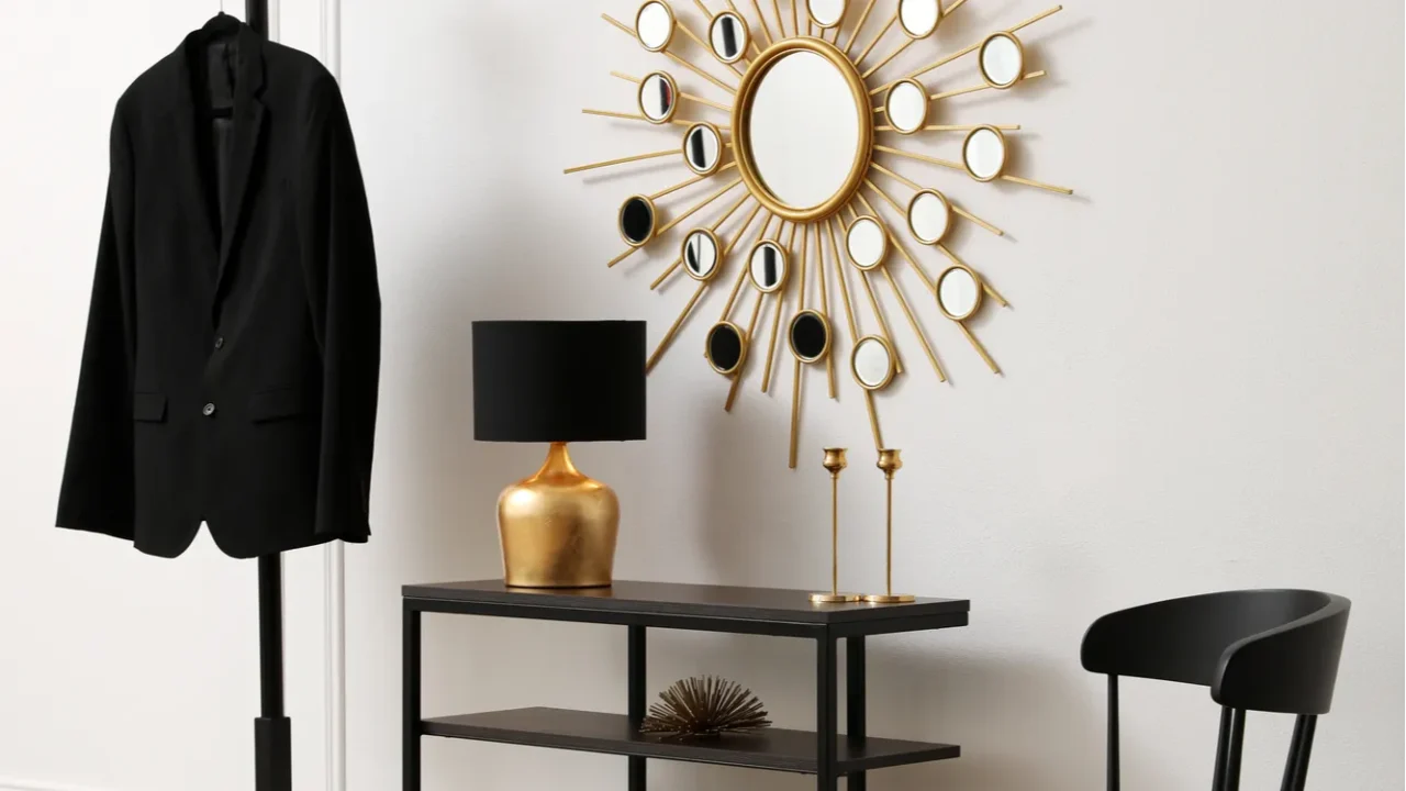 hallway interior with console table near white wall