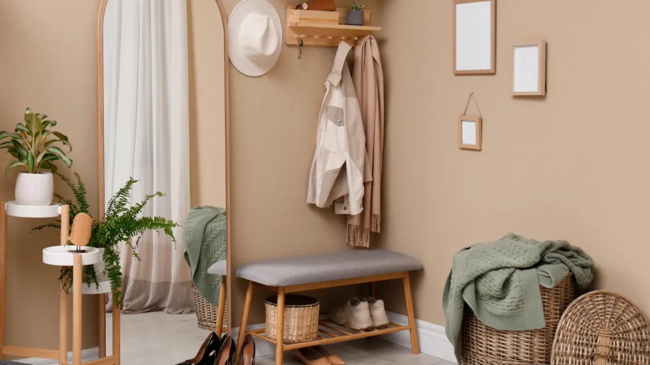 hallway interior with stylish furniture accessories and wooden hanger for