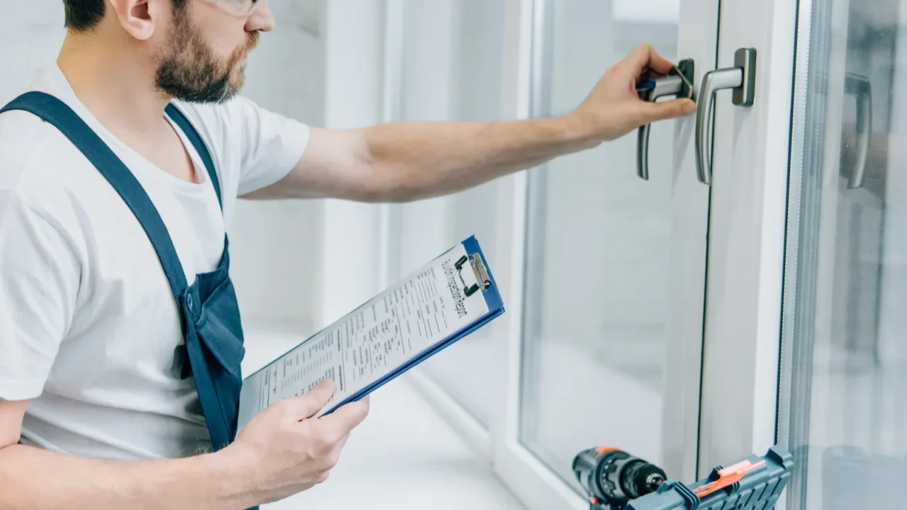 handyman in goggles holding clipboard and checking window handle