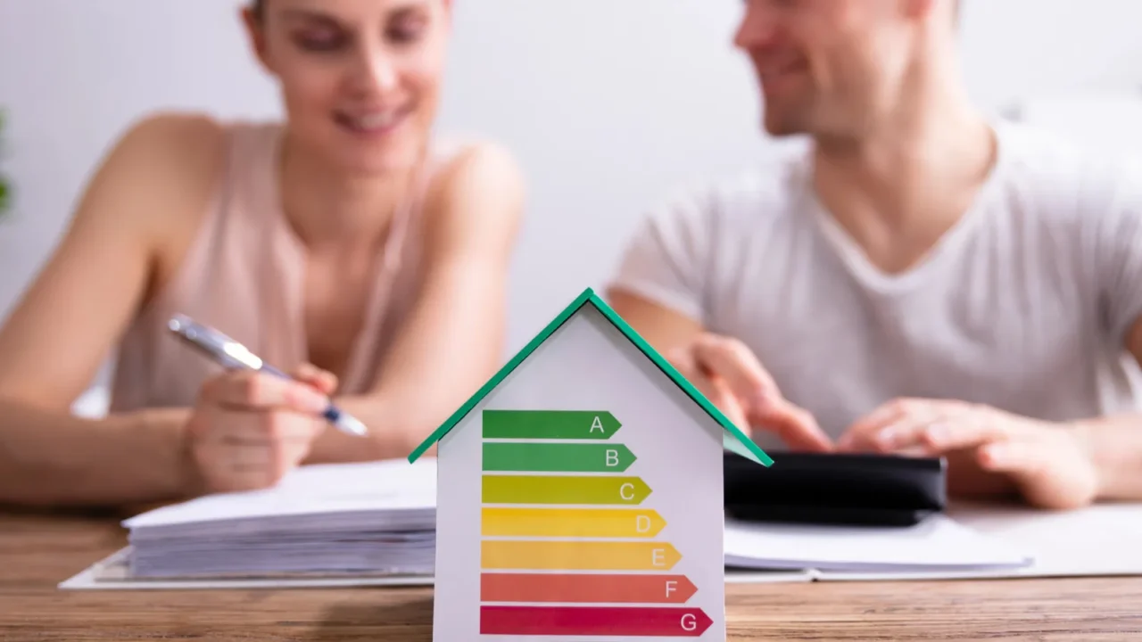 house showing energy efficiency rate in front of happy couple