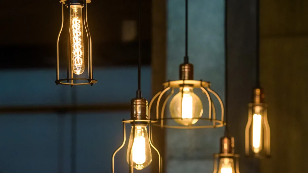 industrial pendant lamps against rough wall loft interior edison bulbs