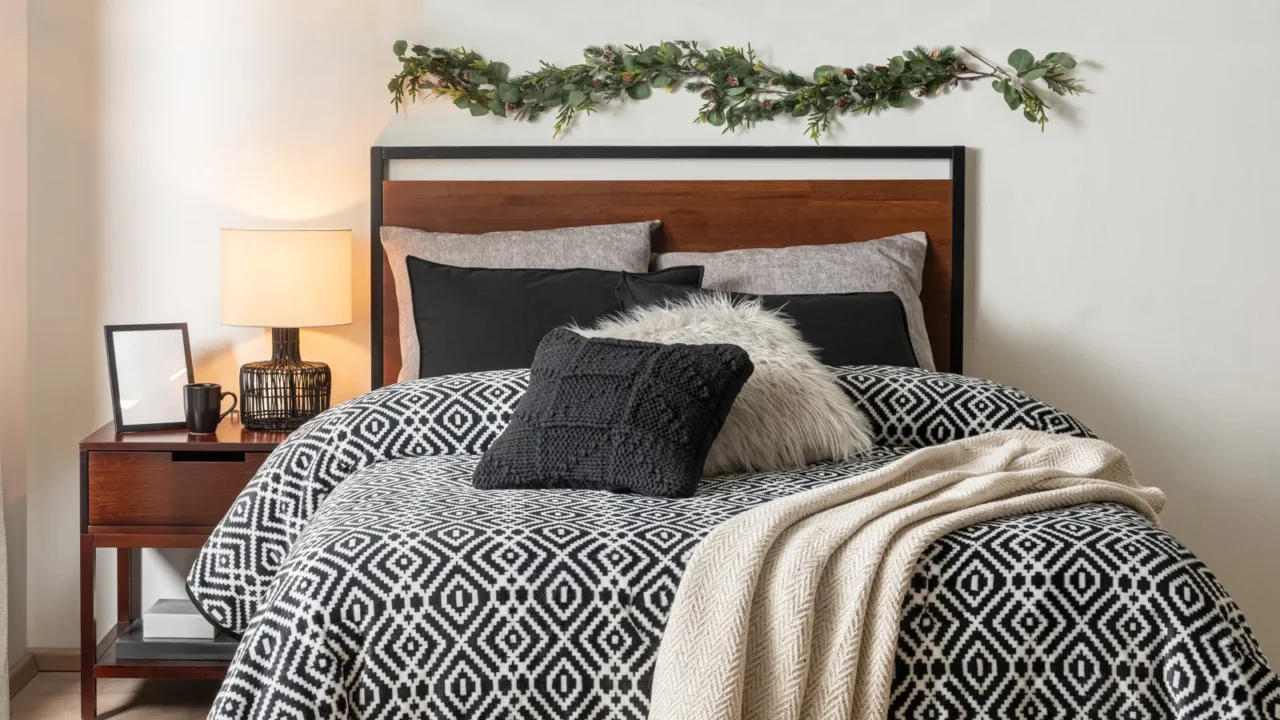 A bedroom interior with cozy bed with textured throw pillows, throw blanket, black, white, and gray bedding, and a wooden side table with lamp and wooden frame.