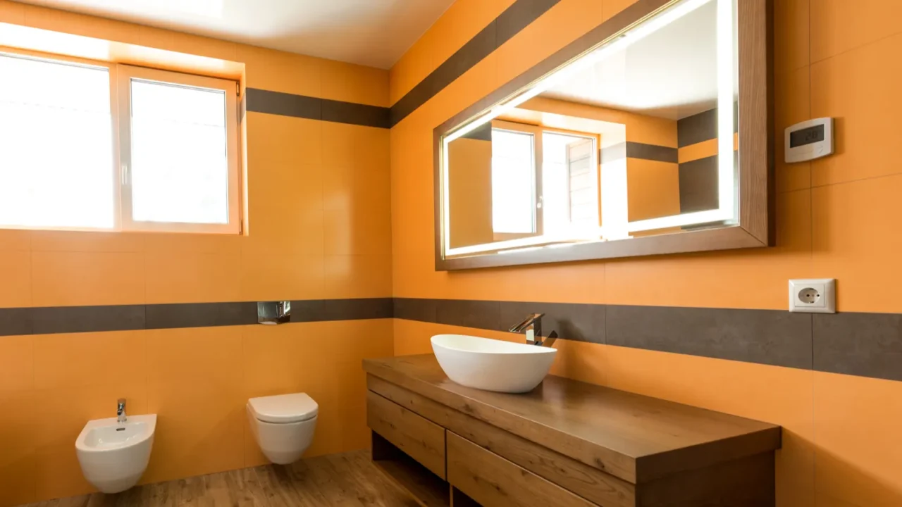 interior of modern bathroom in orange and white colors