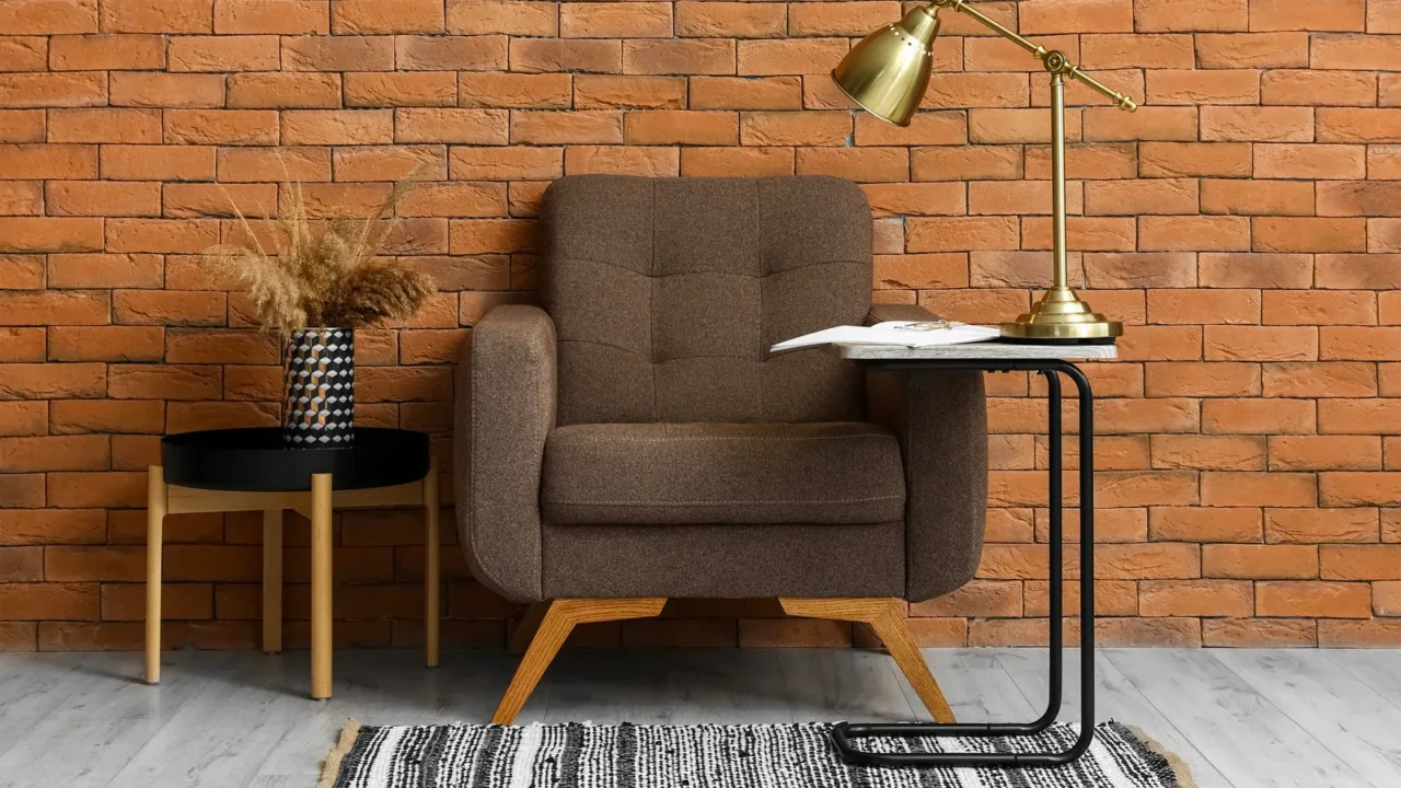 interior of modern living room with soft armchair coffee tables