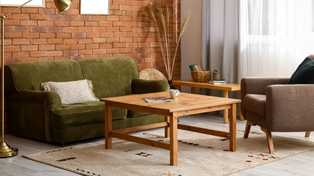 interior of stylish living room with sofa armchair and wooden