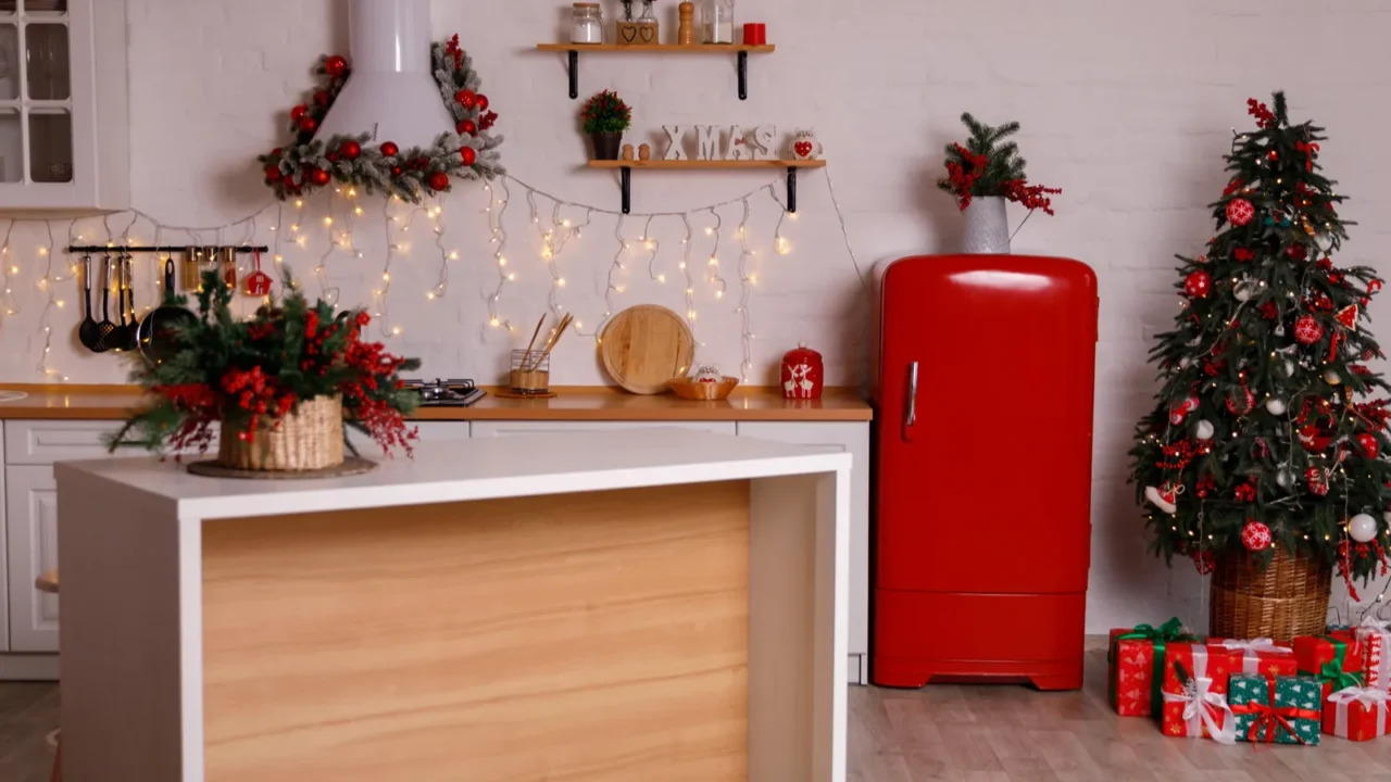 kitchen decorated for christmas in red colour