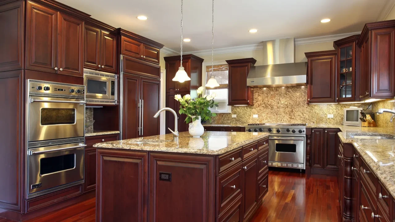 kitchen with cherry wood cabinetry