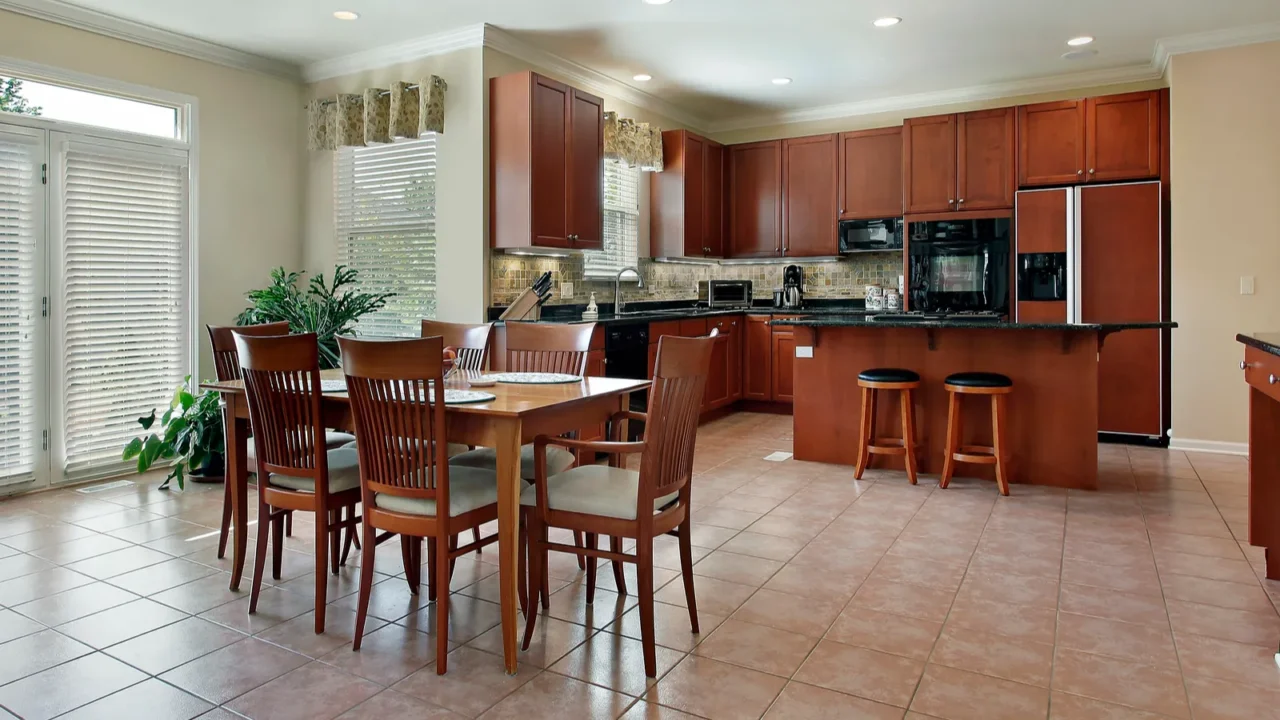 A large kitchen with eating area.