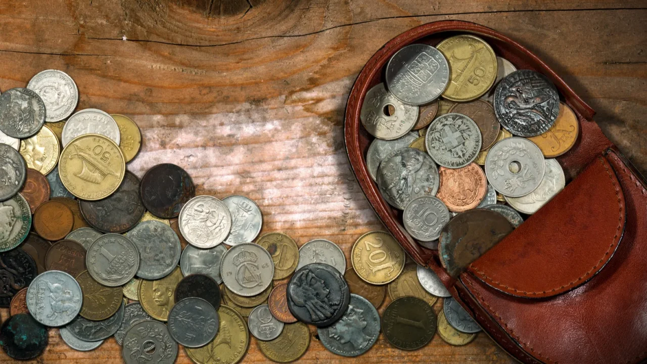 leather purse with old coins