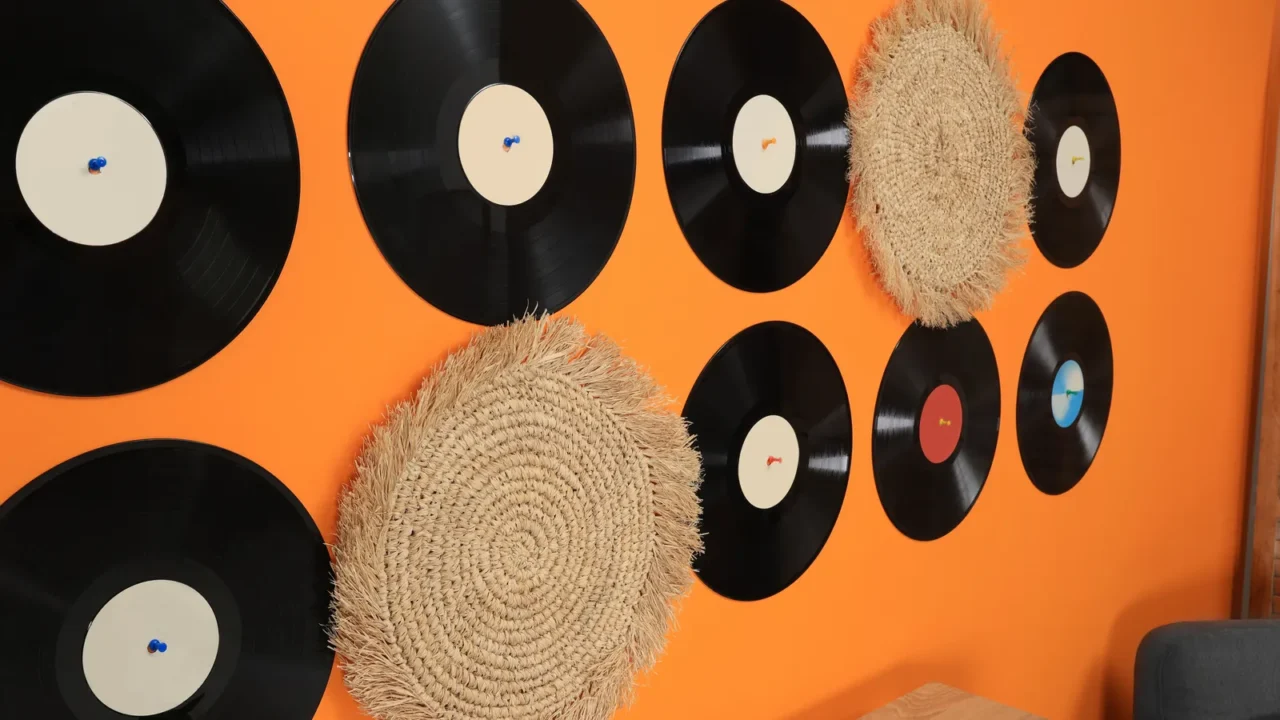 living room interior decorated with vinyl records