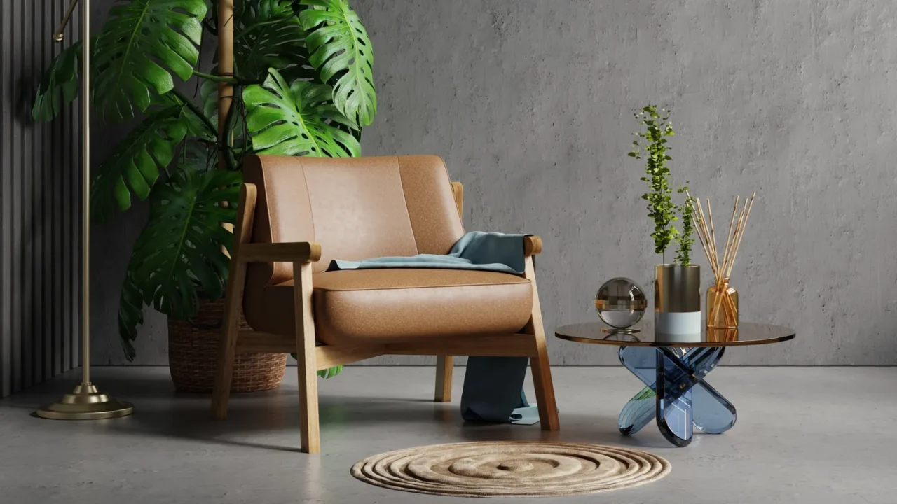 A living room interior with accent leather armchair, small coffee table with decor accents, and a houseplant in woven pot.