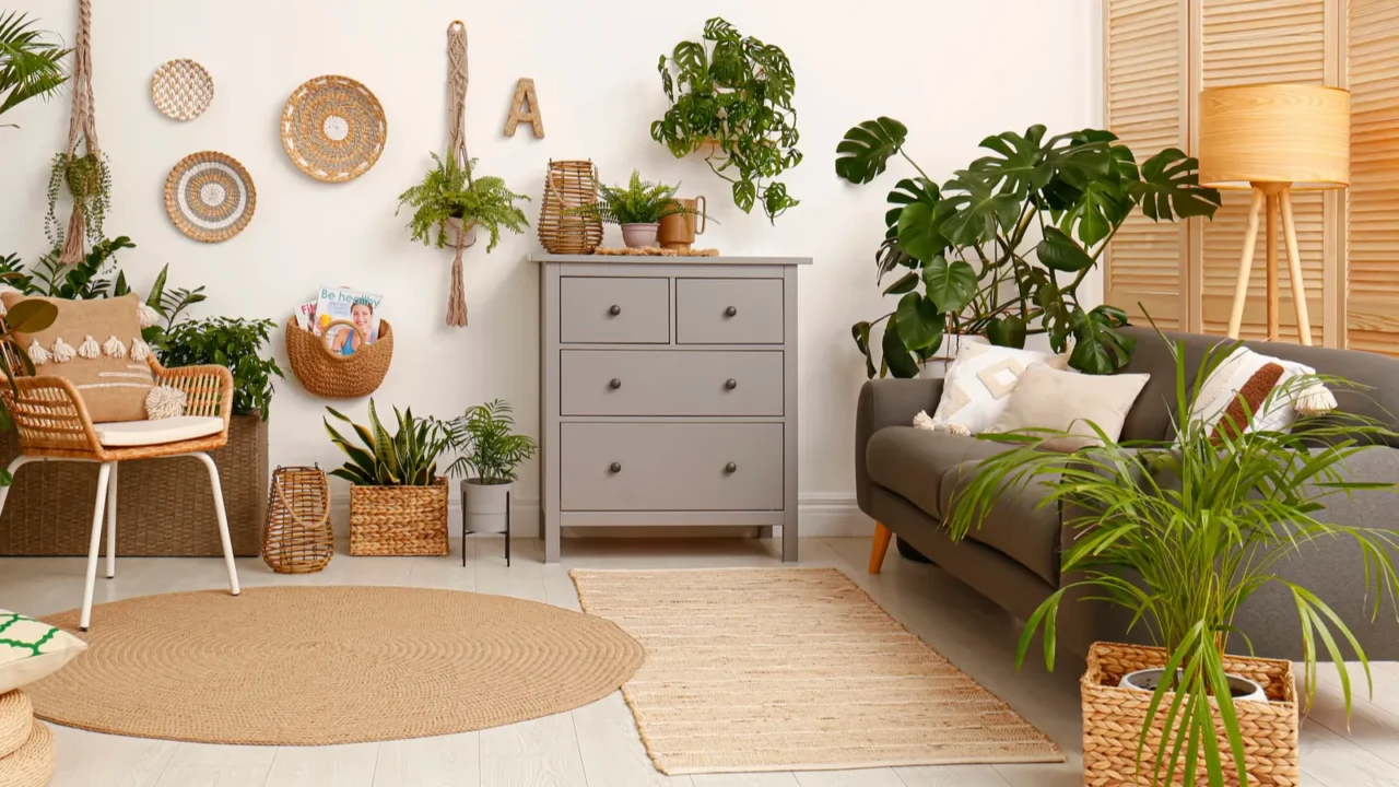 living room interior with stylish furniture and green plants