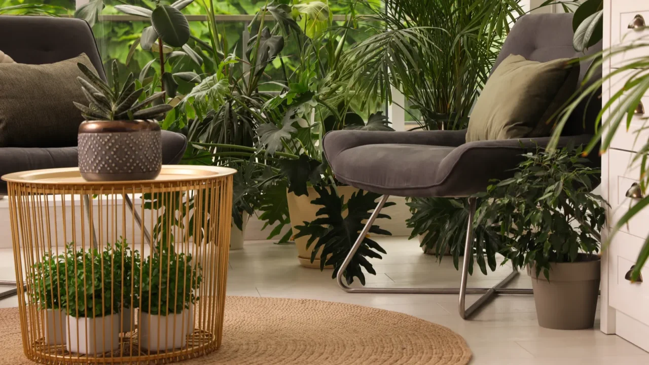 lounge area interior with comfortable armchairs and houseplants