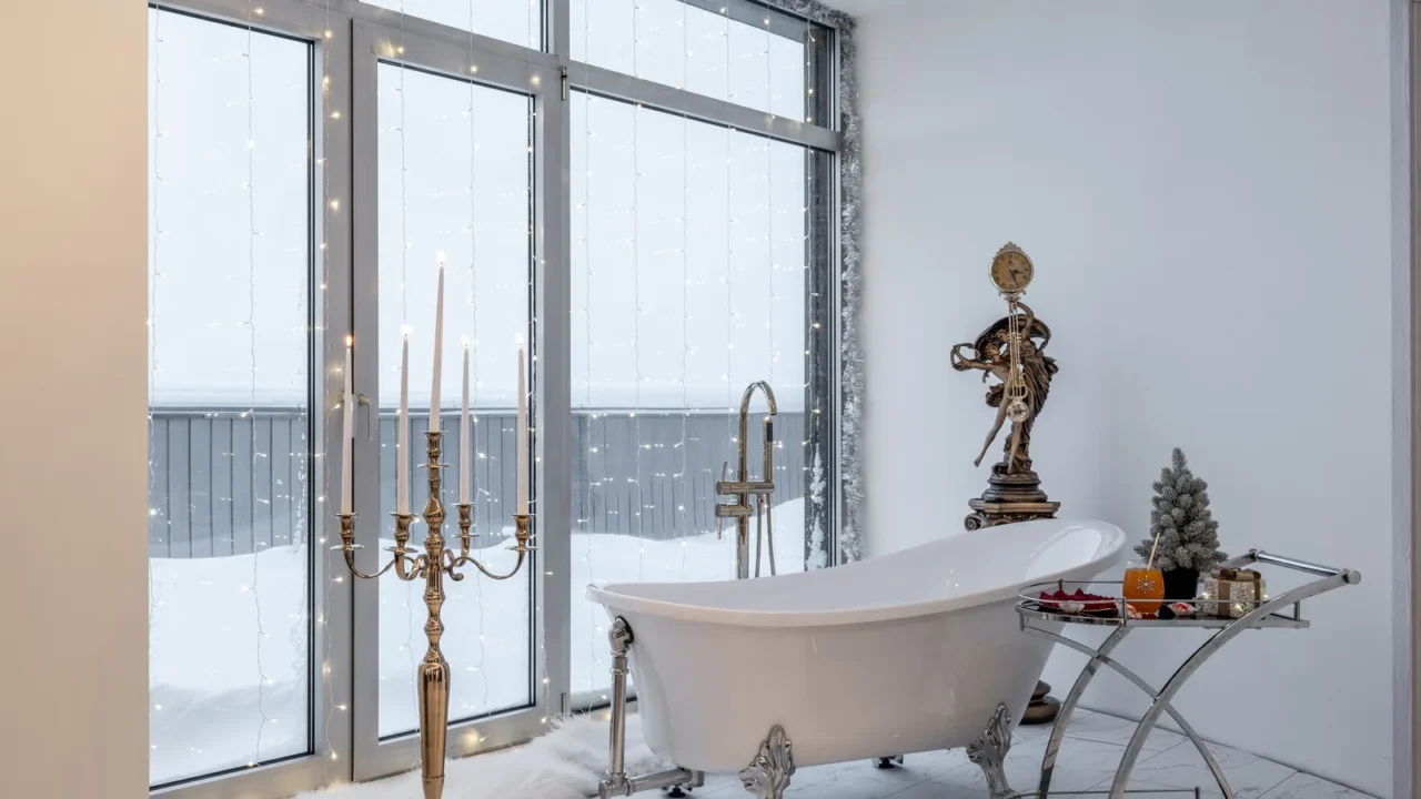 luxury bathroom interior christmas decorations bath near window