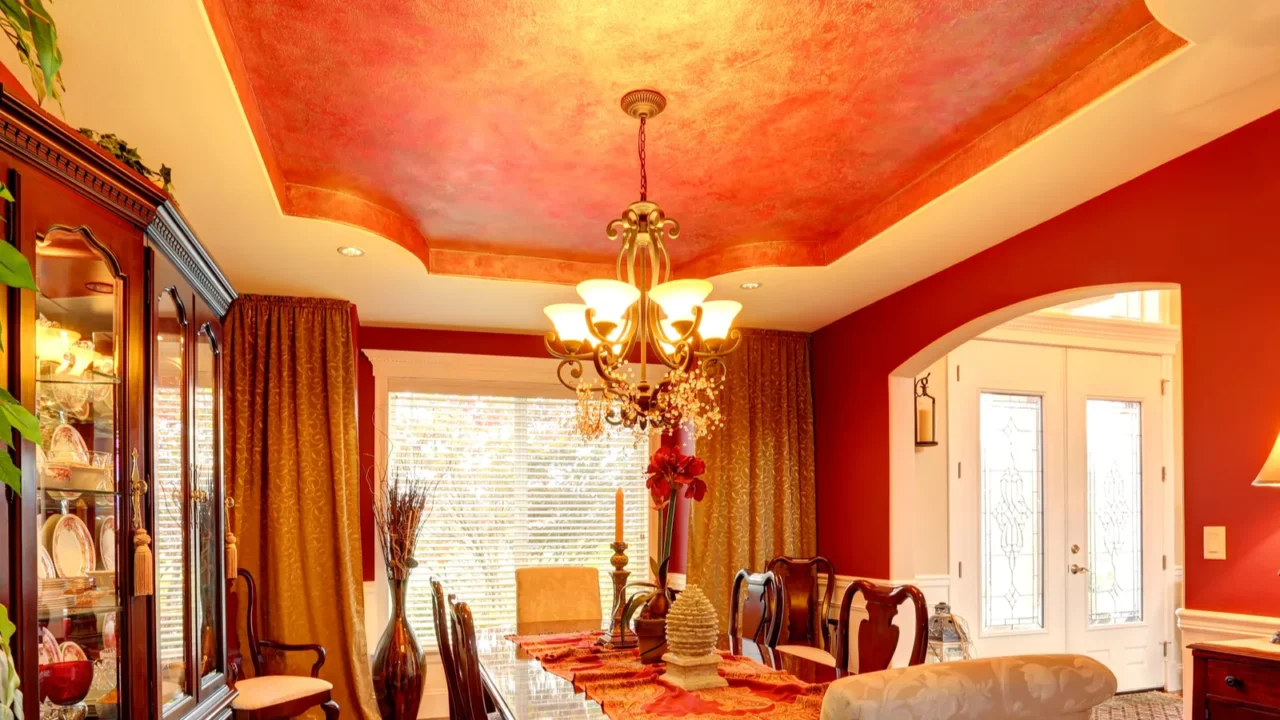 luxury dining room in bright red colors