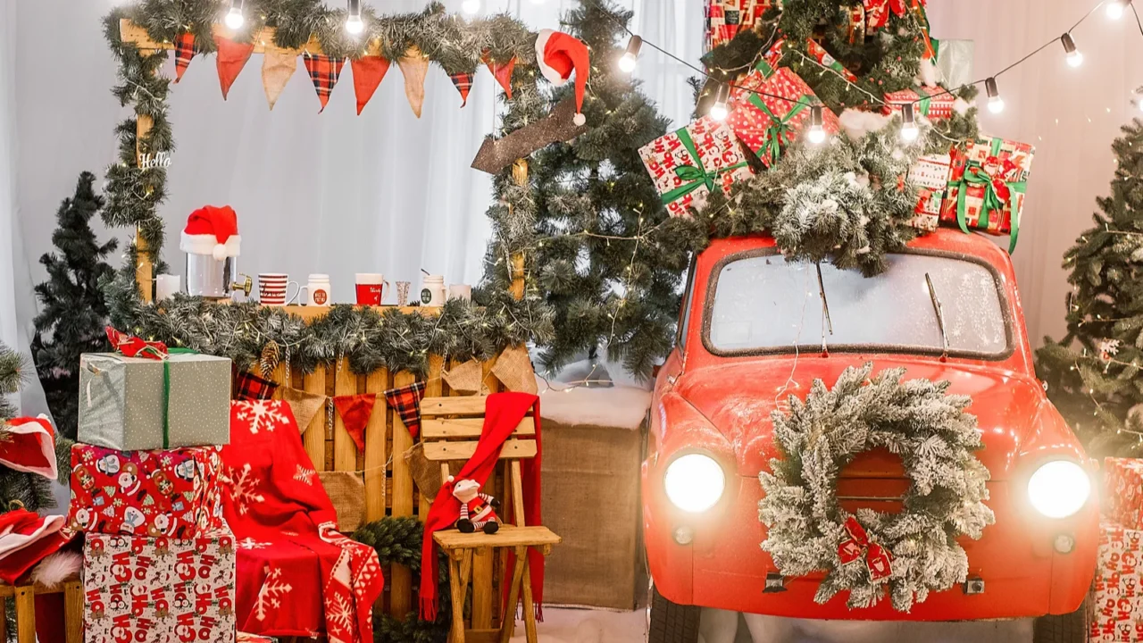 Decorated retro car with a magic cart and festive elements.