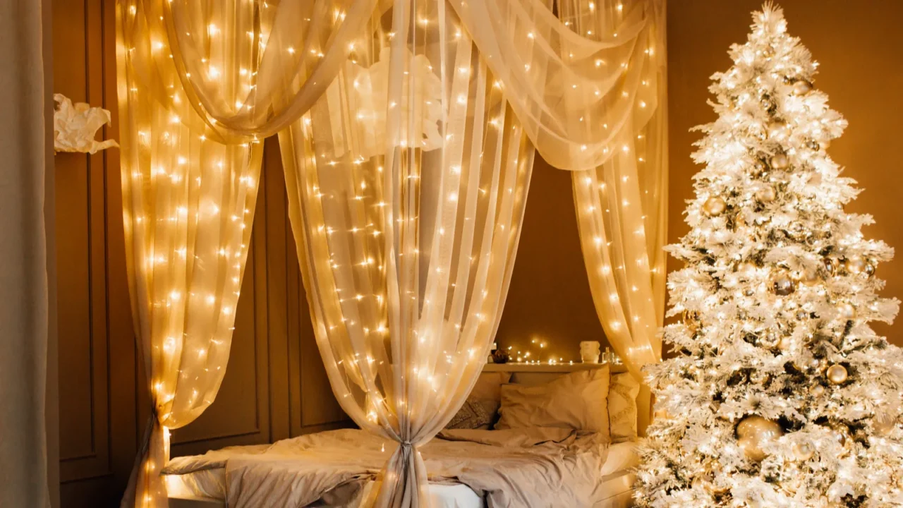 magic warm and cozy evening in christmas brown white room