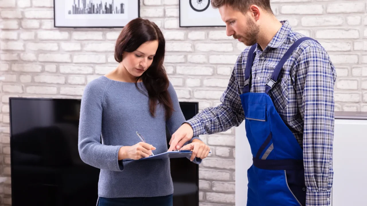 male technician assisting young woman in signing invoice at home