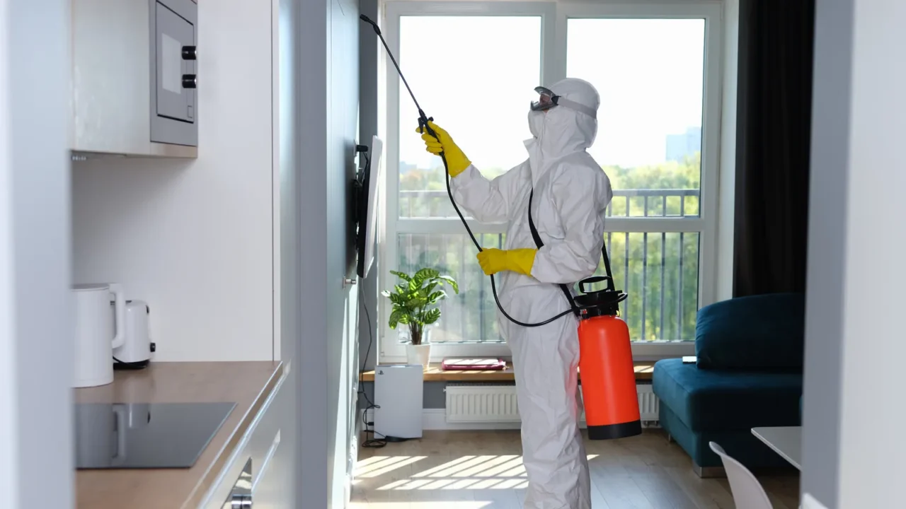 man in protective suit treating with disinfectant flat