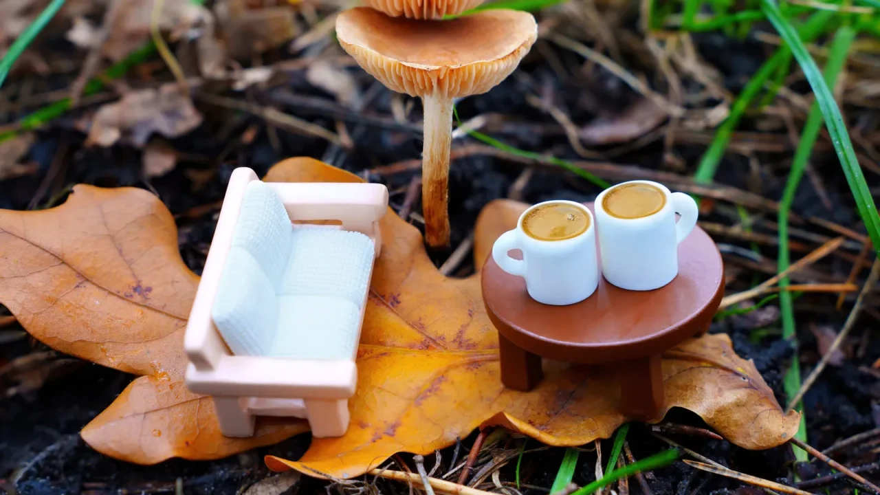 miniature sofa and coffee cups on a toy table nestled