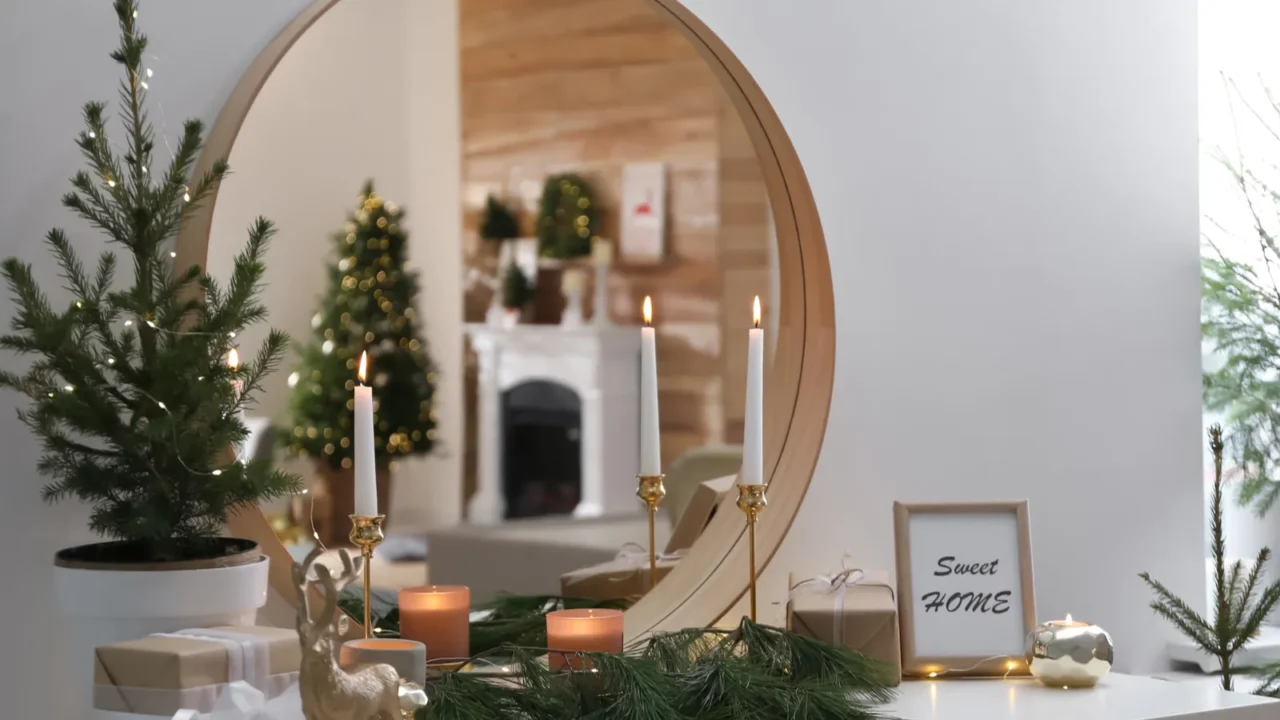 mirror over chest of drawers with christmas decor in room