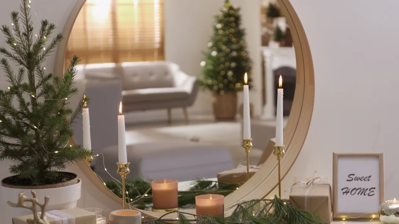 mirror reflecting beautiful room with christmas tree interior design