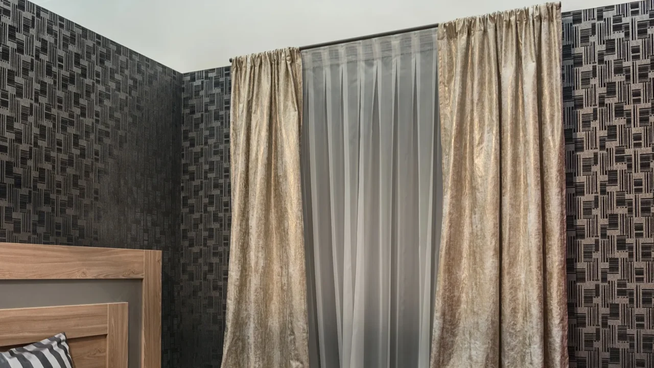 modern design of bedroom with natural materials dark walls with