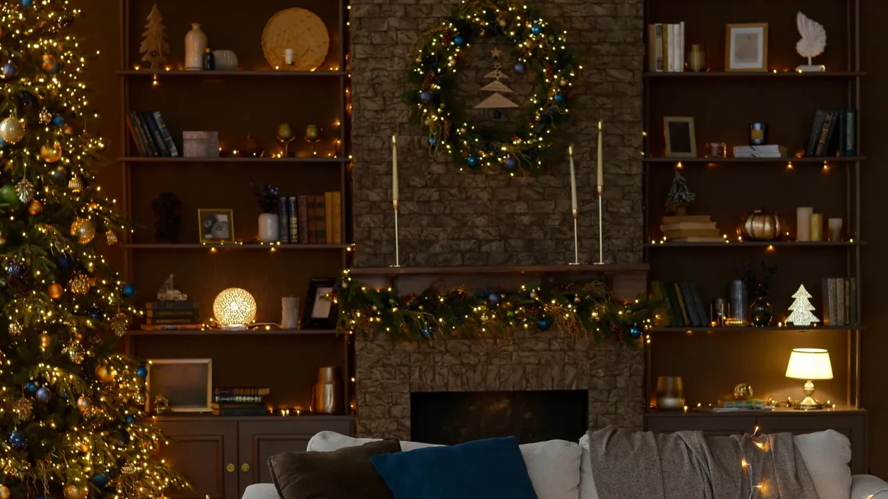 modern interior of a christmas living room with a beautiful