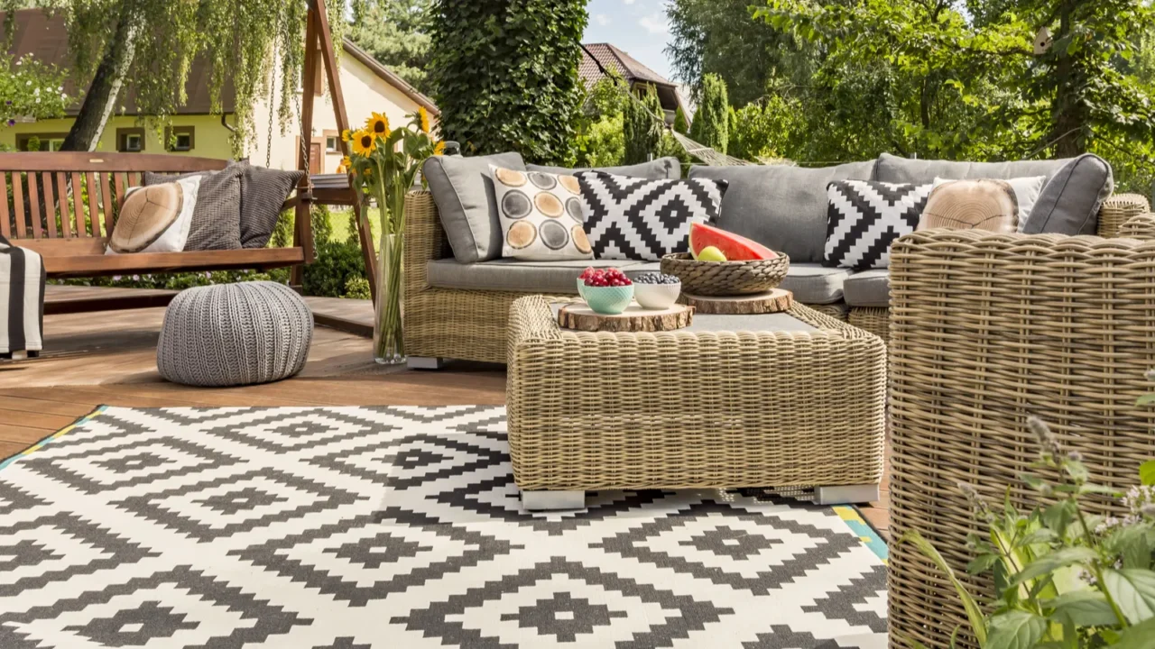 A beautiful patio with weatherproof furniture, rug, floor cushion, and wooden swing.