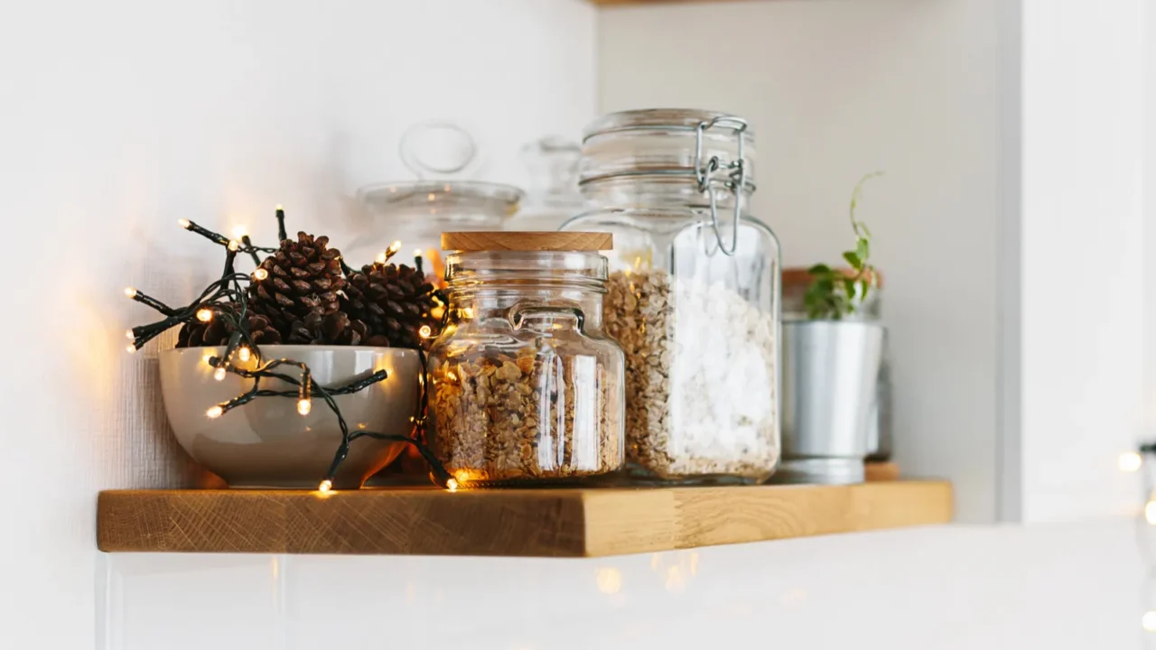 open wooden shelves in the kitchen view of the white