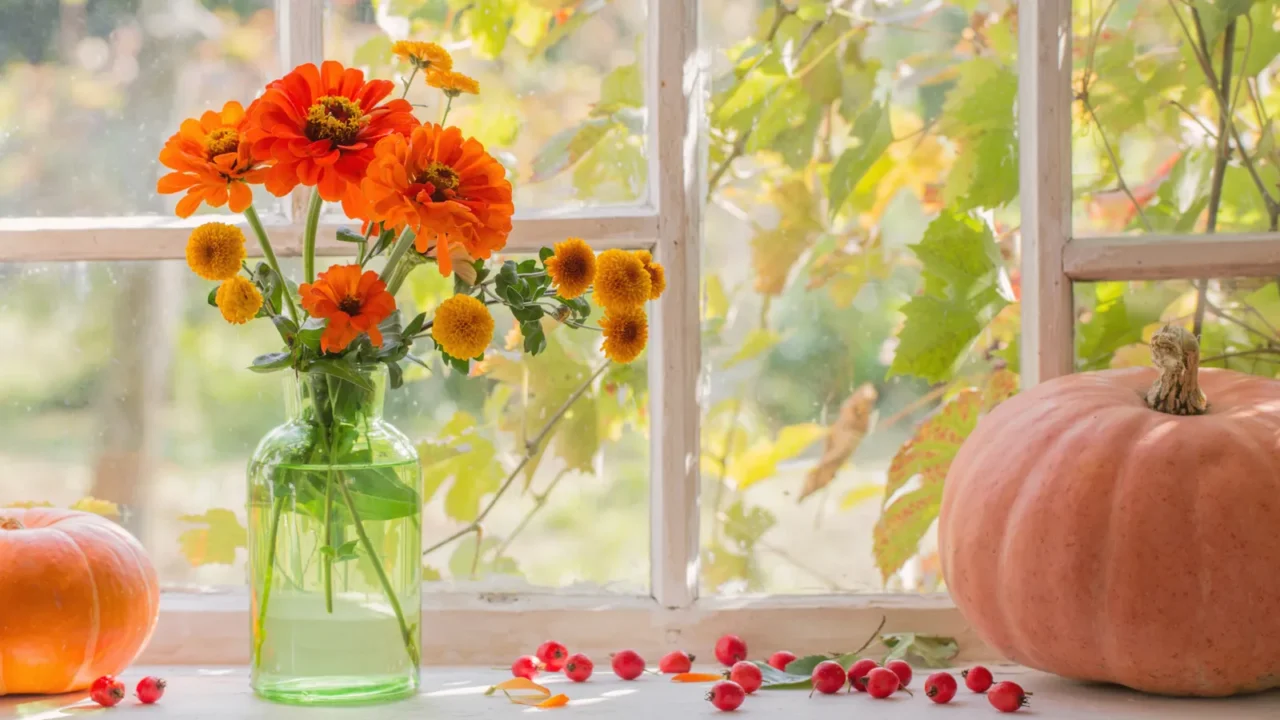 Orange and yellow zinnia flowers in a clear vase with pumpkins in front of a window.