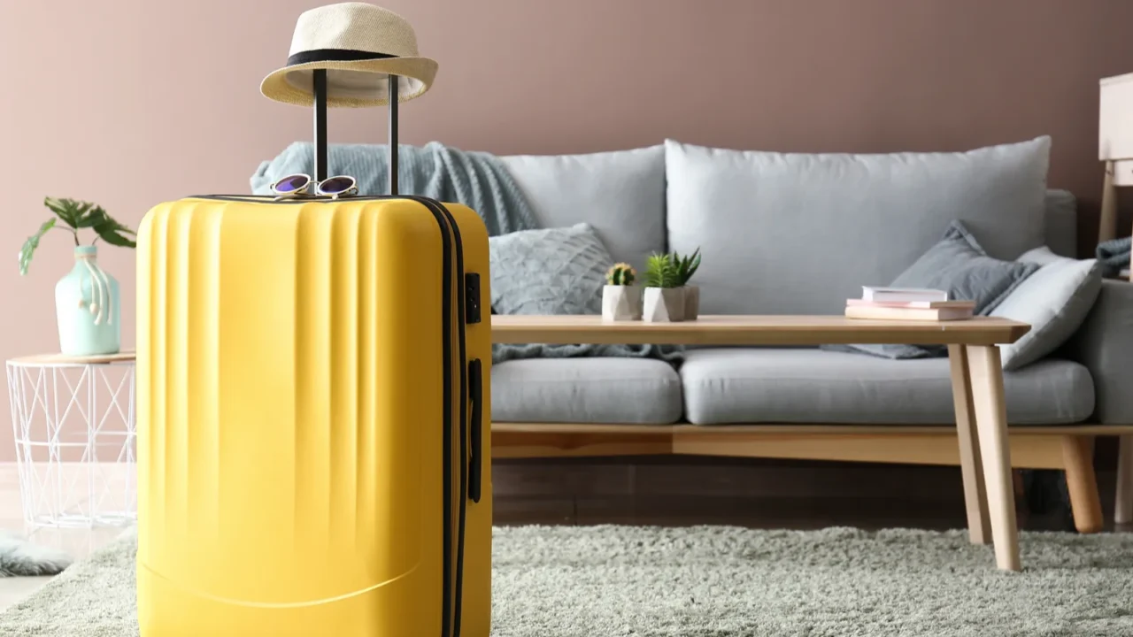 Yellow color packed suitcase in a living room.