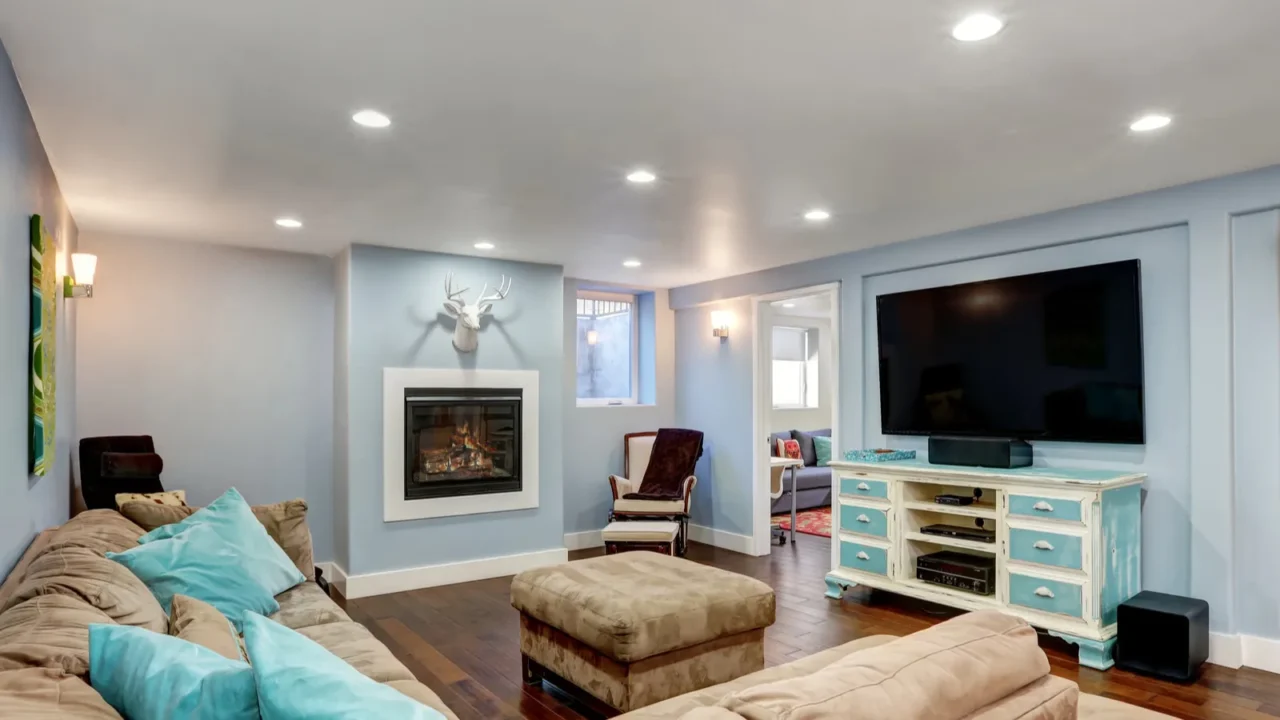 pastel blue walls in basement living room interior