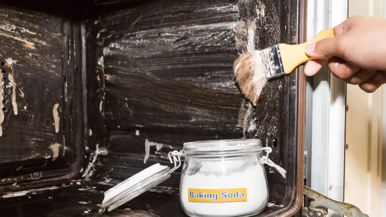 person applying mixed baking soda onto surface of oven for