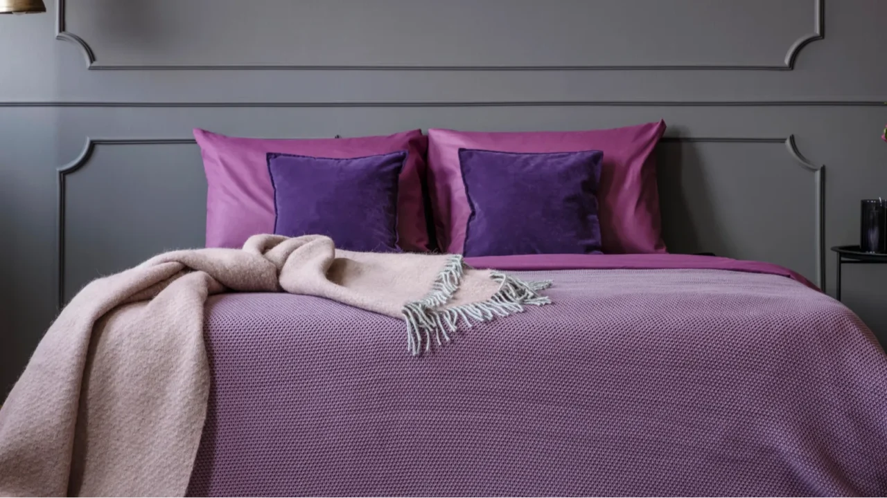 pink blanket on violet bed in elegant bedroom interior with