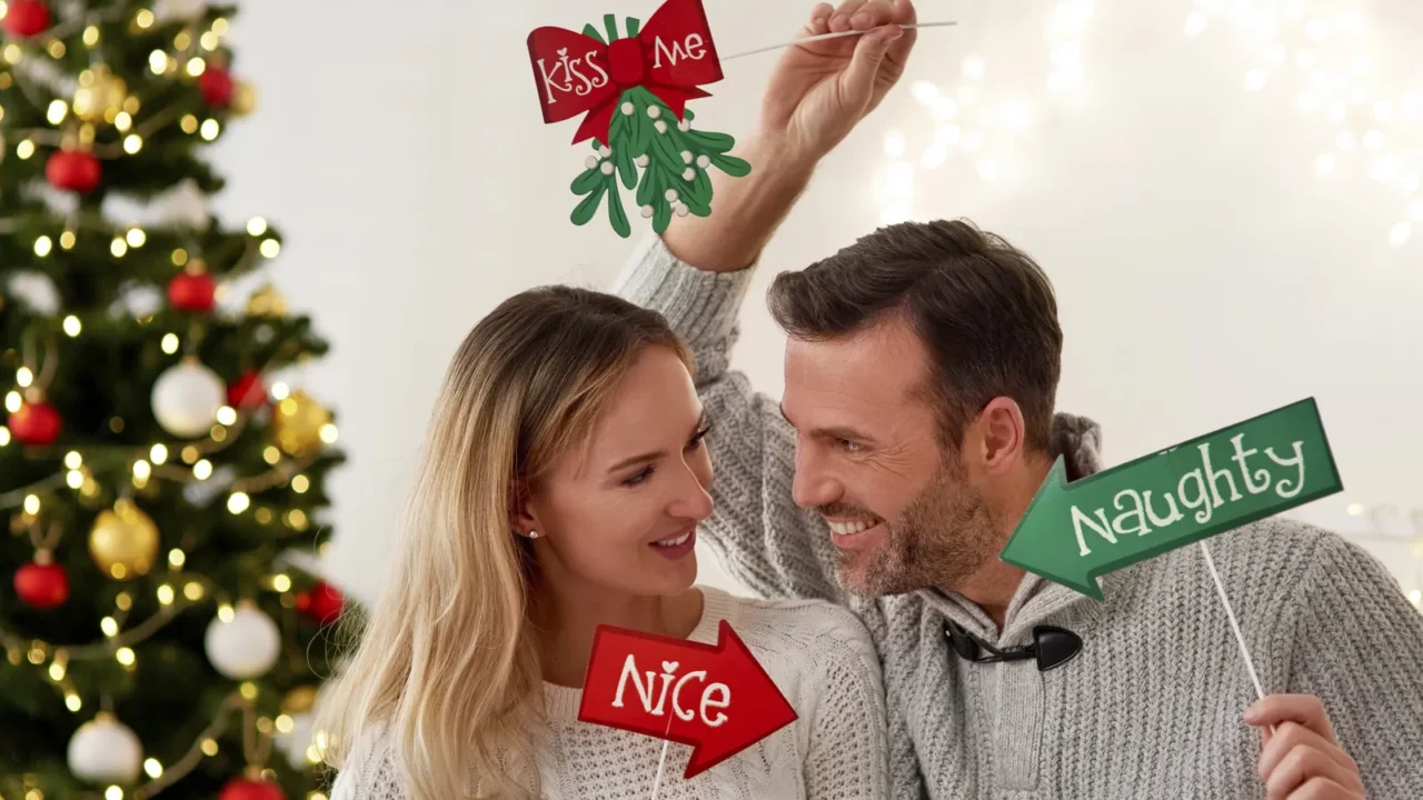 playful couple celebrating christmas together