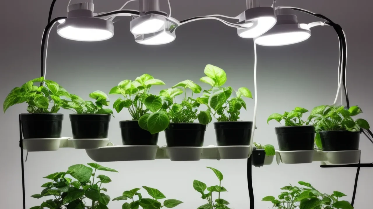 pots with young plant sprouts on a shelf with artificial