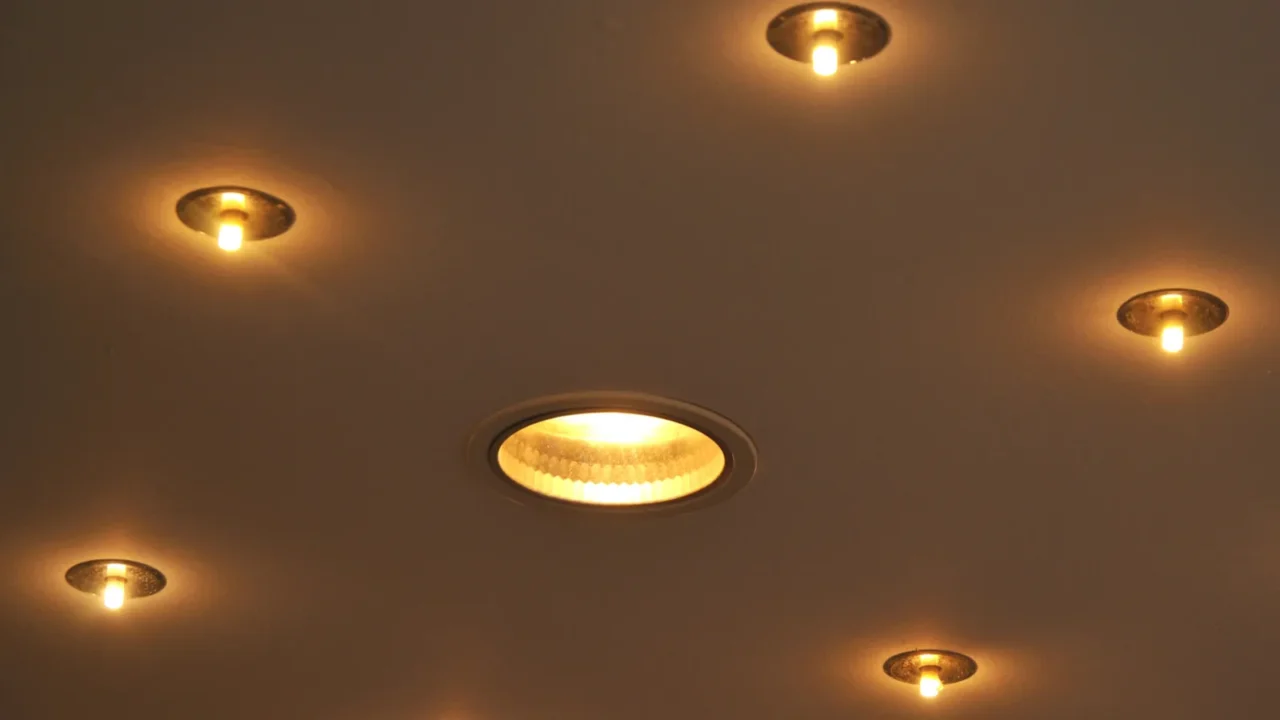 recessed halogen lamps built in a ceiling