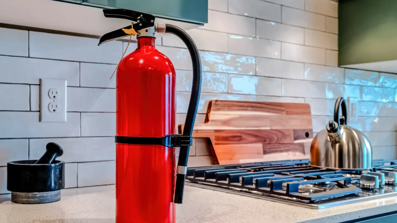 red fire extinguisher beside cooktop on the countertop inside kitchen