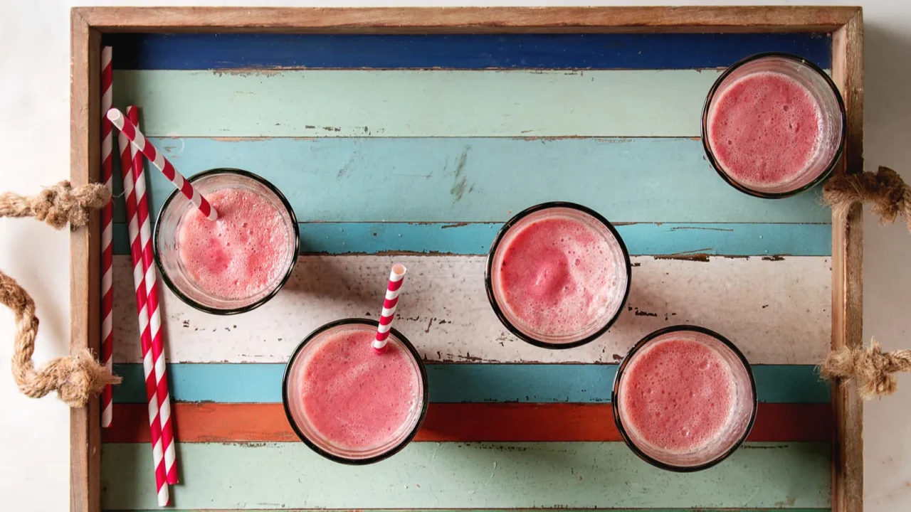 red fruit berries watermelon iced cocktail in glasses with striped