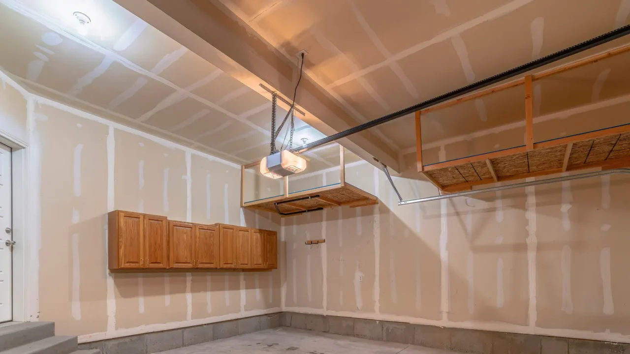 residential garage interior under construction with unfinished wall and floor