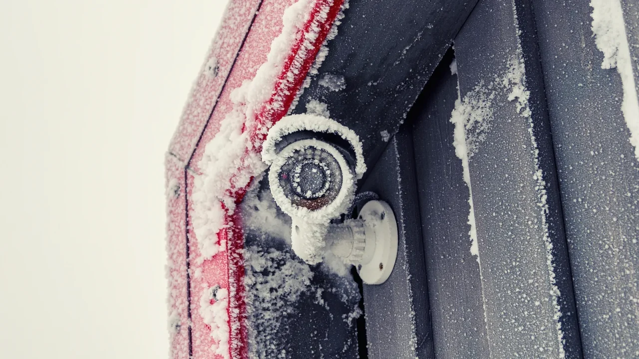 security video camera in winter icicles on the camera block