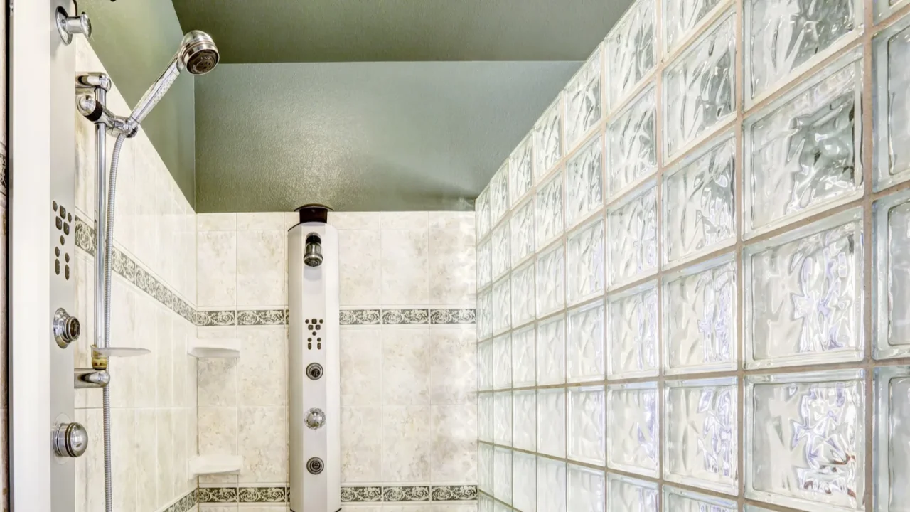 shower with glass block wall and tile trim