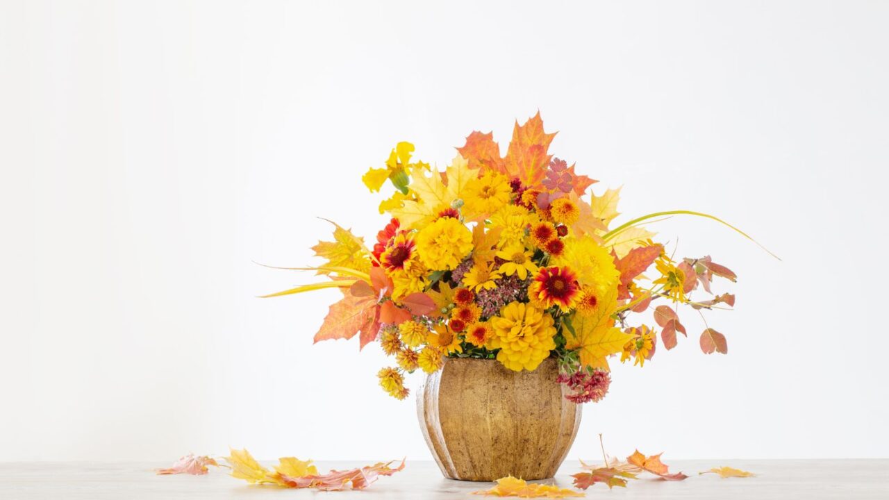 Autumnal bouquet of Fall Leaves and Marigolds in ceramic vase on white background.